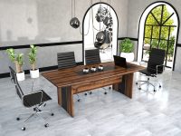Minimalist tasarımlı beyaz toplantı masası.